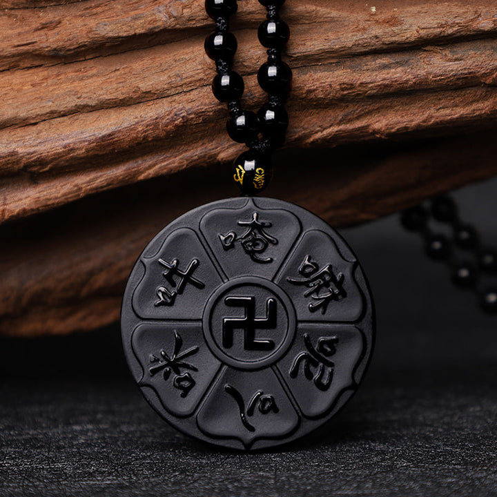 Schwarzer Obsidian Kette Om Mani Padme Hum Anhänger Glück Schutz