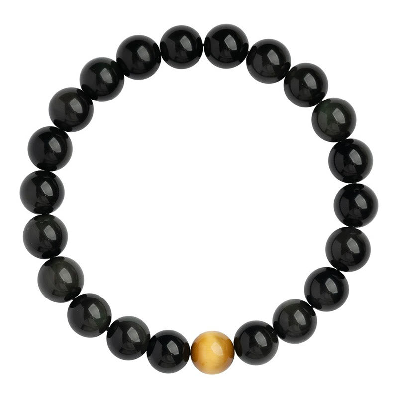 Armband Tigerauge Obsidian – Liebe schwarze Perlen goldene Kugel elastisch