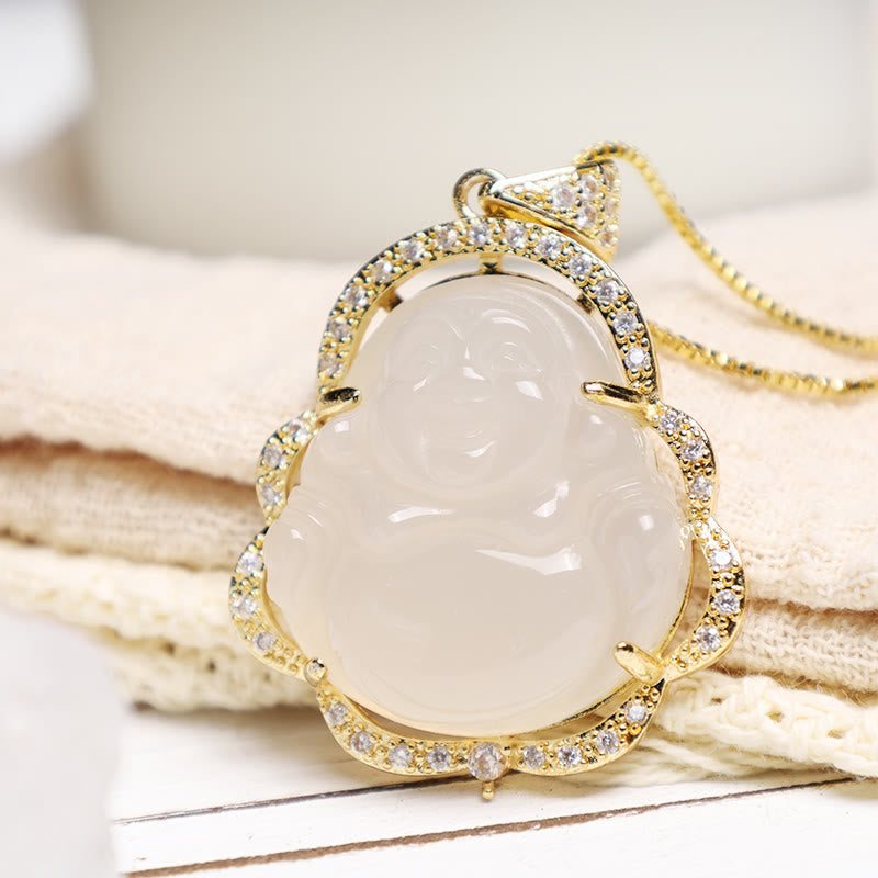 Jade Buddha Anhänger vergoldet mit Zirkonia Steinen elegant
