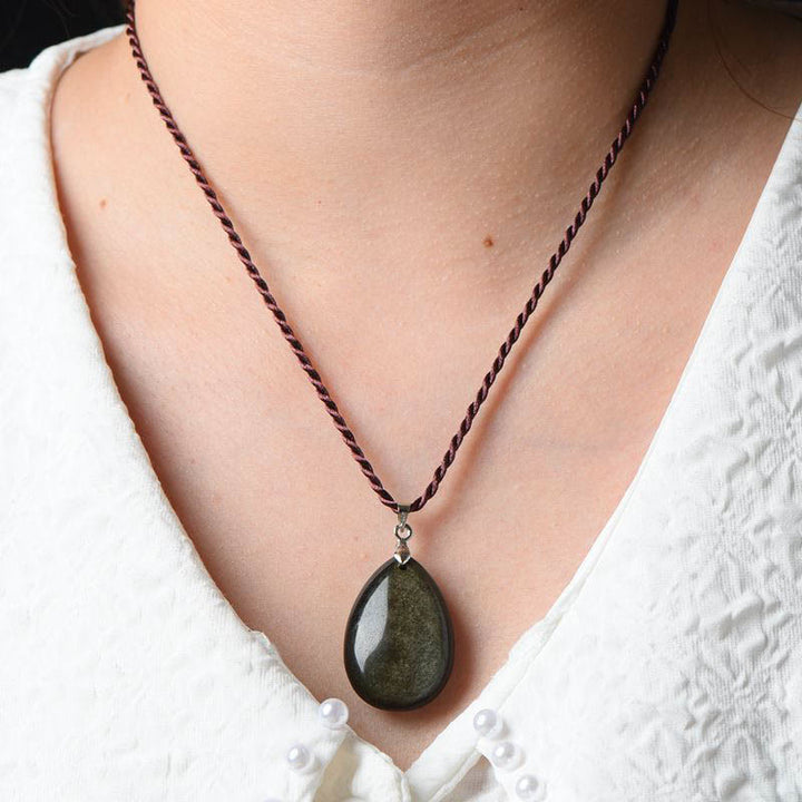 Kette Obsidian Wassertropfen Grün Harmonie Wohlstand