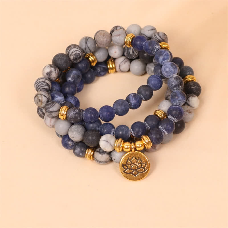 Mala Sodalit Jaspis Lotus Armband Stärke Naturstein goldene Perlen