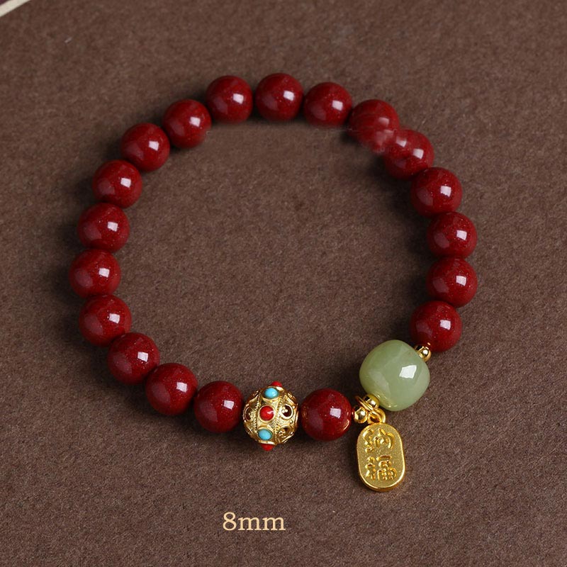 Armband Grüner Aventurin Zinnober rote Perlen mit Jade Anhänger Flachansicht