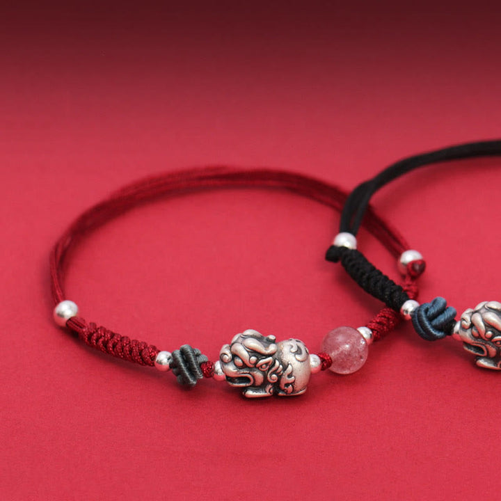 Armband Erdbeerquarz 925 Silber Pixiu Glück Wohlstand elastisch rot