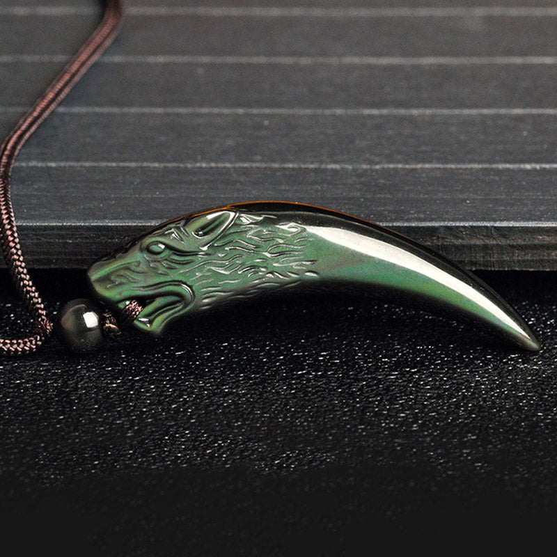 Obsidian Anhänger Kette Wolf Wolfszahn Naturstein Stärke