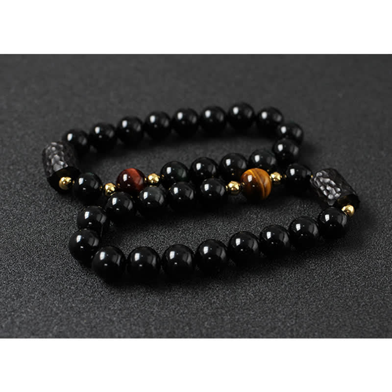 Armband Schwarzer Obsidian Tigerauge Paar – Stärke mit goldenen Akzenten Naturstein.