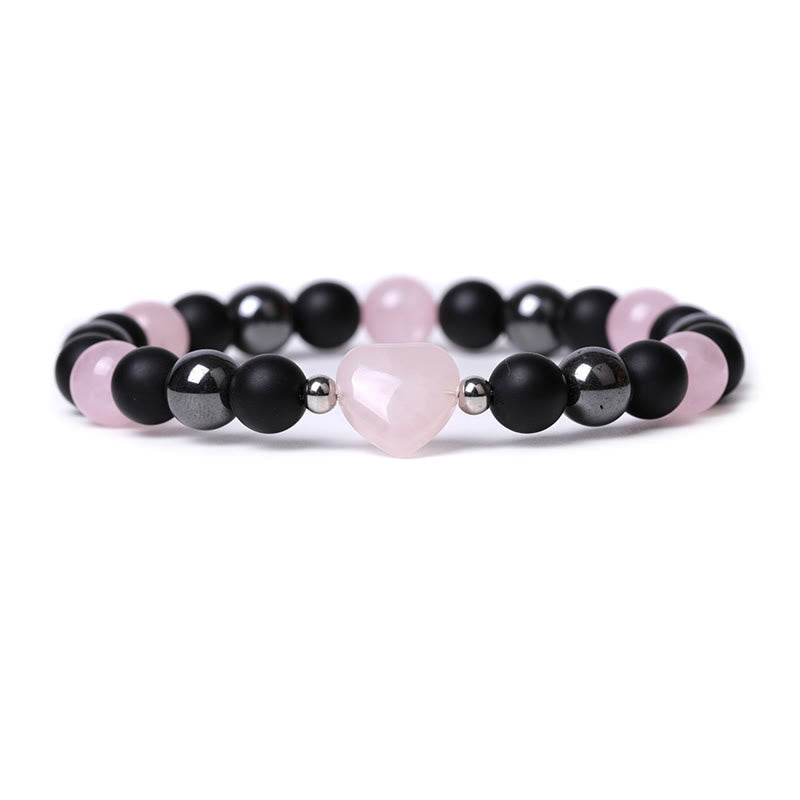Armband Schwarzer Onyx Tigerauge mit Rosenquarz Herzstein elastisch.