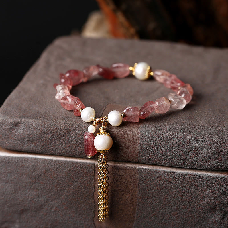 Armband Erdbeerquarz Perle elastisch Naturstein rosa weiß gold.