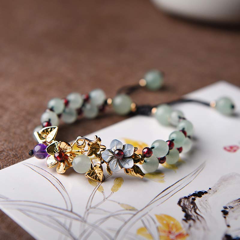 Armband Grüner Aventurin Granat & Blüten Anhänger - Glück