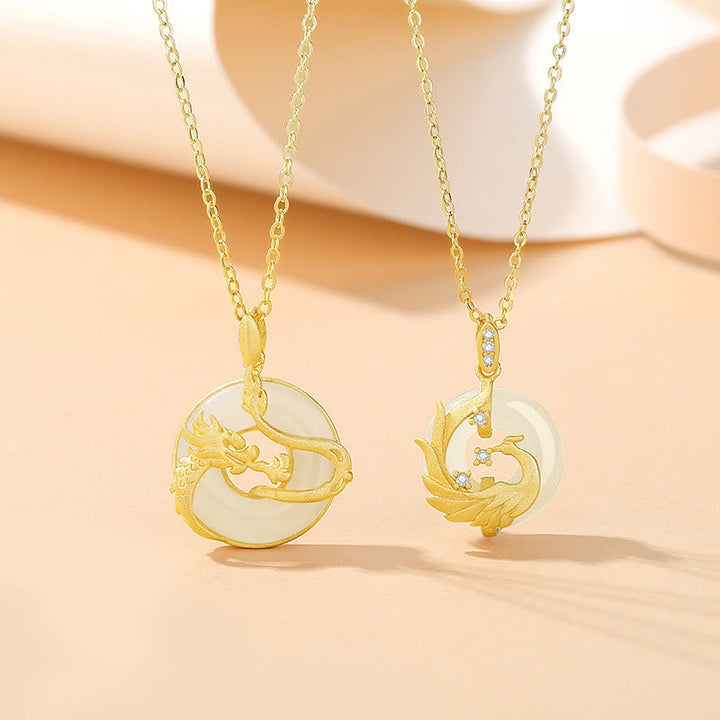 Kette Hetian-Jade Drachen-Phönix Glück Gold Anhänger