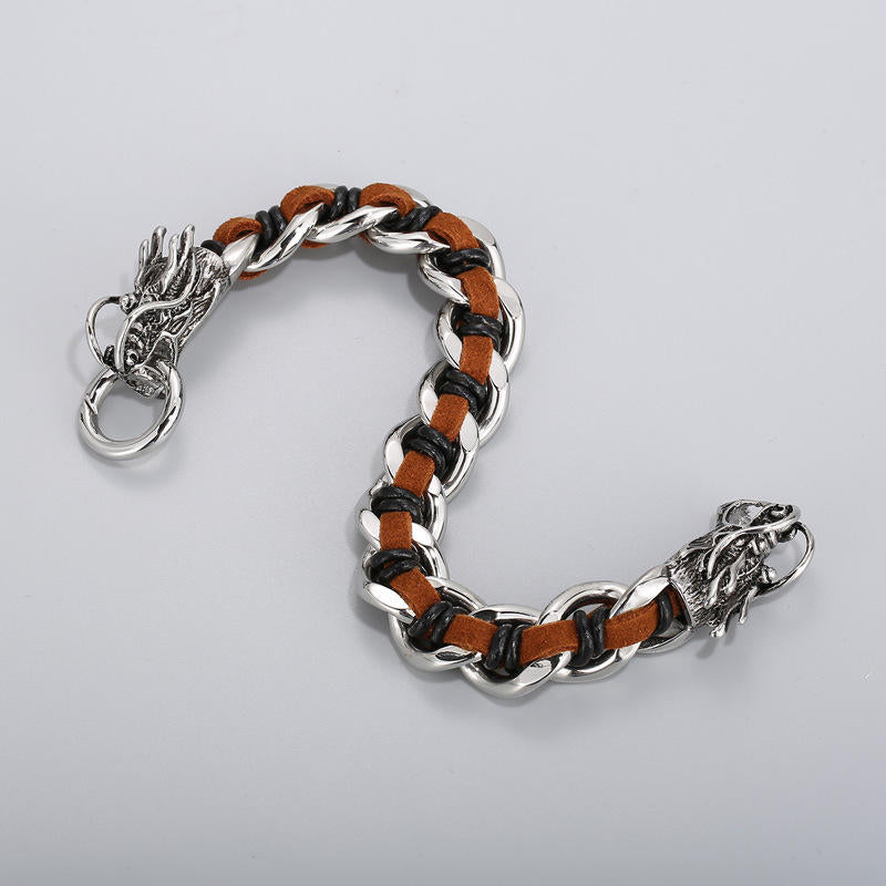 Armband Drachen Schutz Glück Balance Leder Silber Kettenglied Design