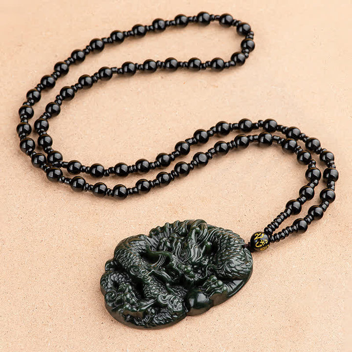 Anhänger Kette Cyan Jade Drachen Harmonie schwarze Perlen