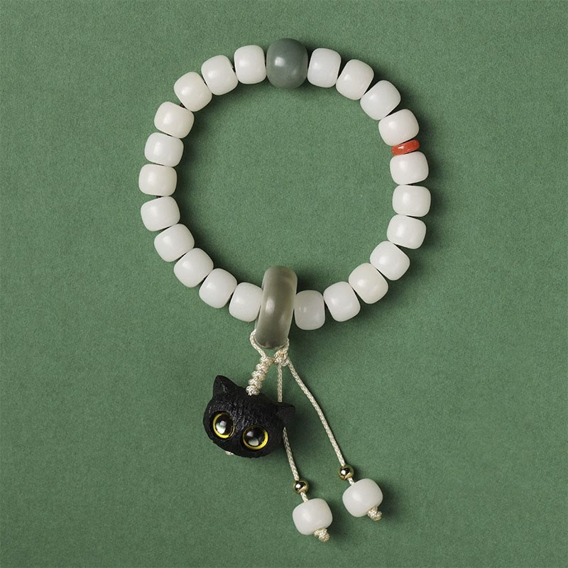 Weißes Bodhi-Armband mit schwarzer Katze Anhänger Liebe Frieden