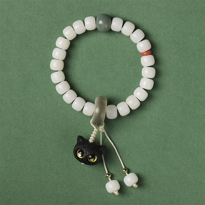 Weißes Bodhi-Armband mit schwarzer Katze Anhänger Liebe Frieden