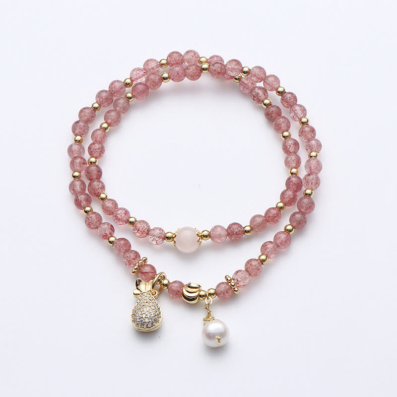 Armband Erdbeerquarz mit Perlen und goldenen Akzenten eleganter Schmuck