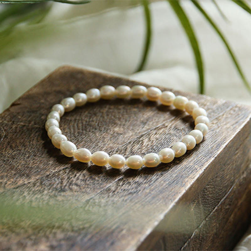Armband Perle – Heilung creme weiße Perlen Naturstein elastisch Holz