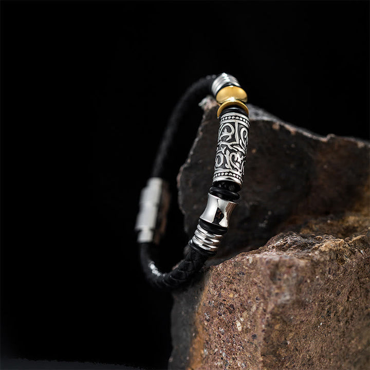 Schwarzes Leder Armband Tang Dynastie Blume Glück elegant Naturstein