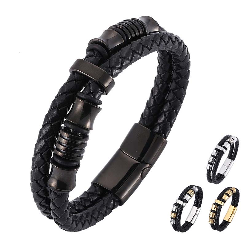 Schwarzes Leder Armband Weave mit Magnetverschluss, Herrenschmuck Kollektion