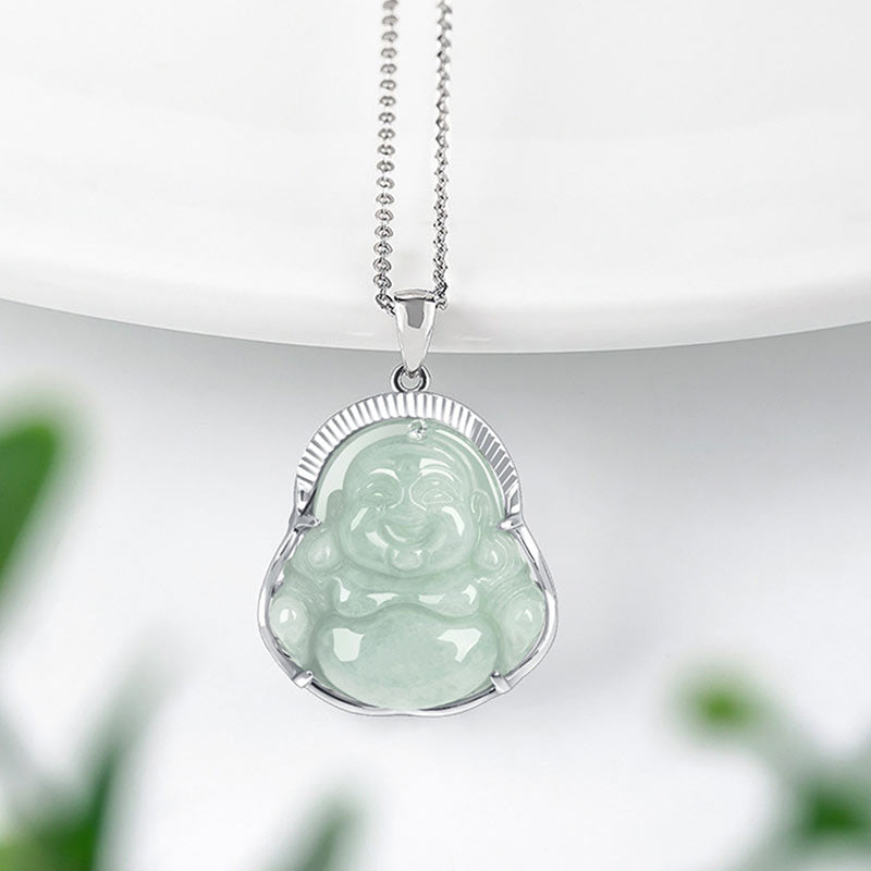 Kette Jade Lachender Buddha – Bild 2 – Kette Jade Lachender Buddha Anhänger grüner Naturstein Silberfassung