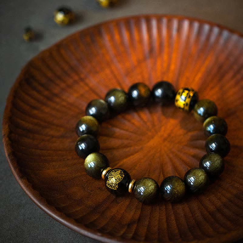 Armband Obsidian Chinesisches Tierkreis Schutz Wohlstand Naturstein golden