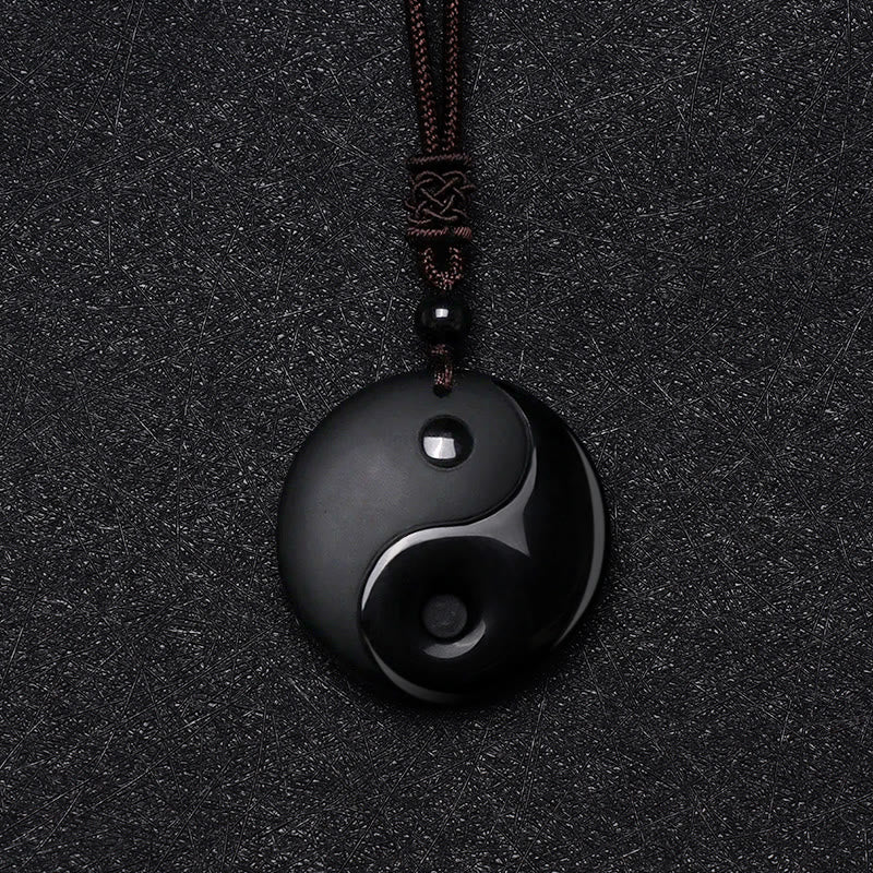 Schwarze Obsidian Kette Yin Yang Anhänger Naturstein Halskette
