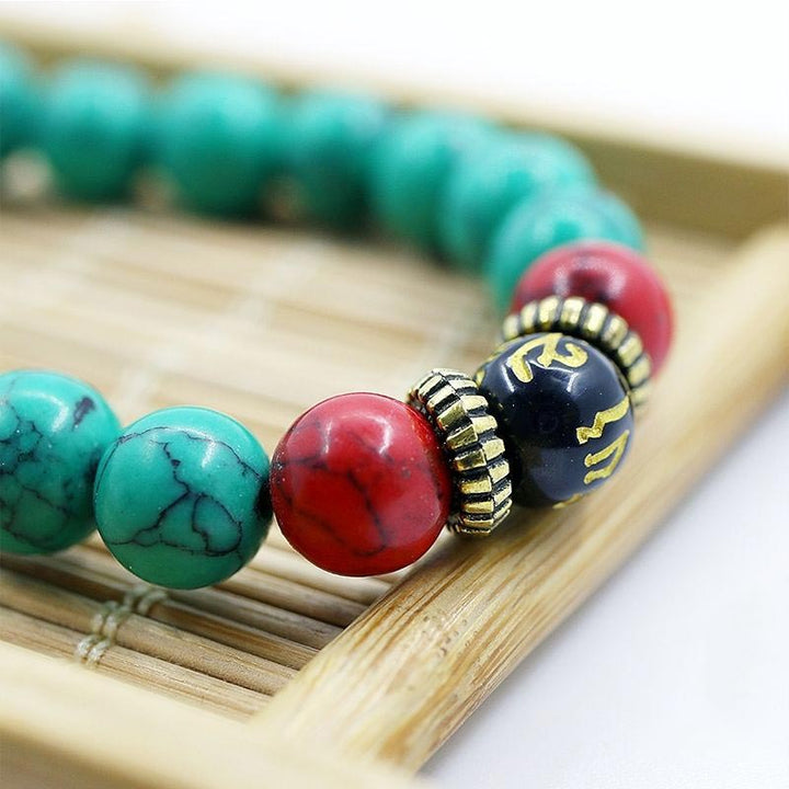 Mala Türkis – Energie Armband mit Türkis und roten Steinen Holz
