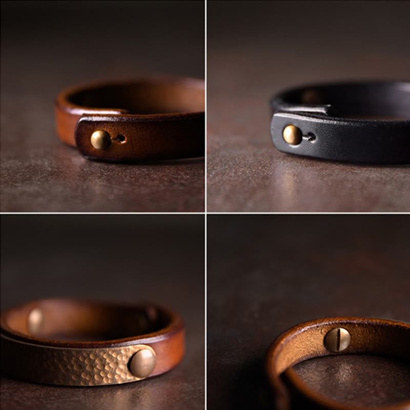 Lederarmband Kupfer Wohlstand Harmonie in verschiedenen Brauntönen.