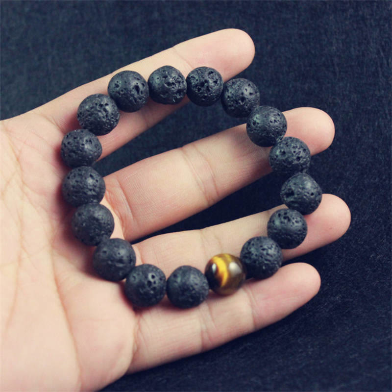Armband Tigerauge Heilung Frieden schwarze Lavaperlen Naturstein elastisch Handgelenk