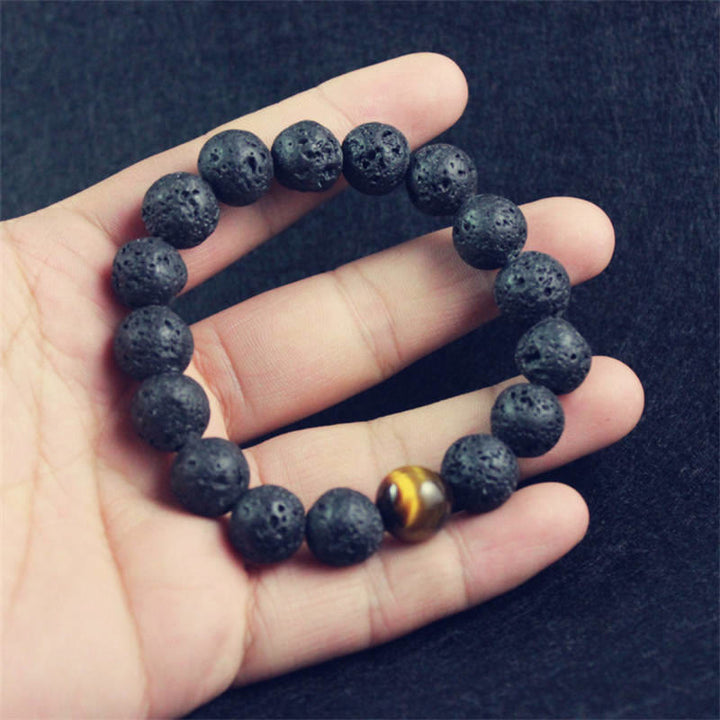 Armband Tigerauge Heilung Frieden schwarze Lavaperlen Naturstein elastisch Handgelenk