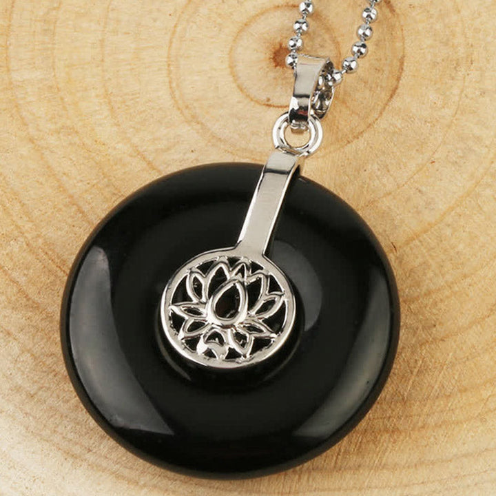 Obsidian Kette Lotus Anhänger Naturstein schwarz
