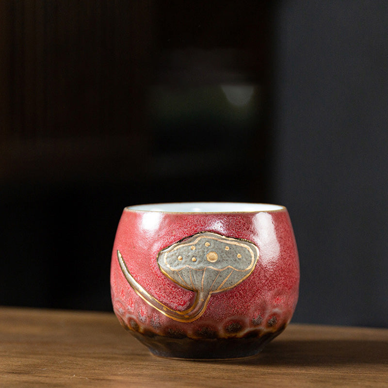 Teetasse Porzellan Lotus Gravur Kung Fu Rot 155ml