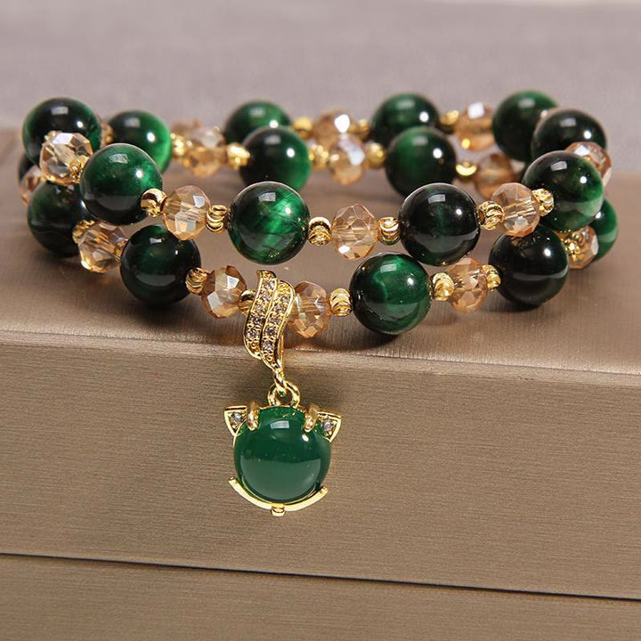 Elegantes Armband Tigerauge Pixiu grüner Naturstein goldene Perlen Charm.