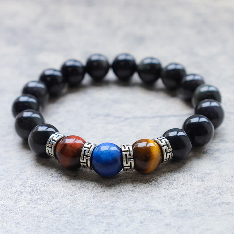 Armband Schwarzer Obsidian Tigerauge Blaustein elastisch Naturstein glänzend.