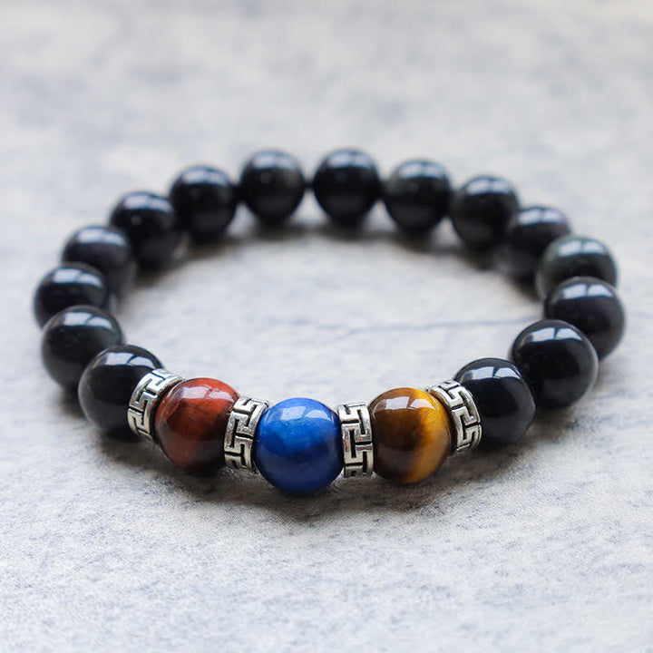 Armband Schwarzer Obsidian Tigerauge Blaustein elastisch Naturstein glänzend.