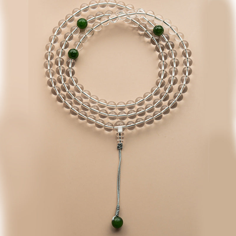 Mala 108 Perlen Weißer Kristall Jade grüne Akzente Meditationsschmuck