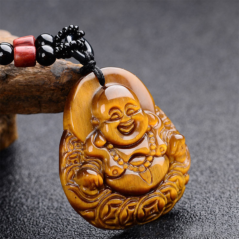 Kette Tigerauge lachender Buddha Segen Anhänger Naturstein