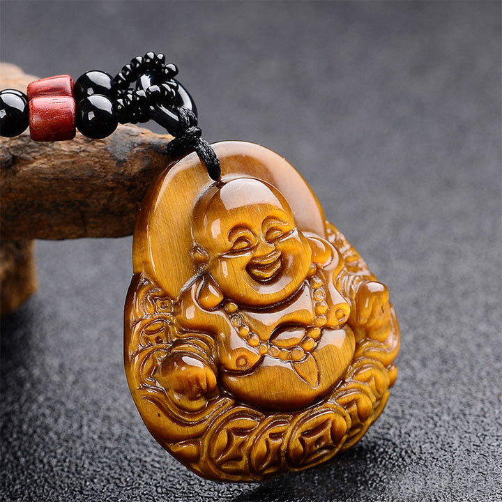 Kette Tigerauge lachender Buddha Segen Anhänger Naturstein