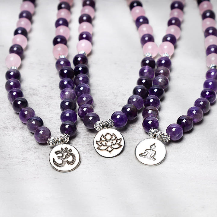 Mala Rosenquarz Amethyst Perlen Lotus Anhänger