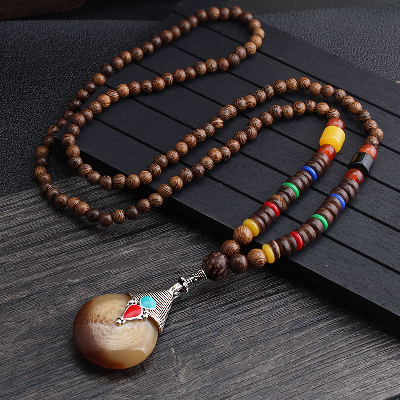 Anhänger Kette Tibetischer Bodhi Achat Harmonie Holzperlen bunt