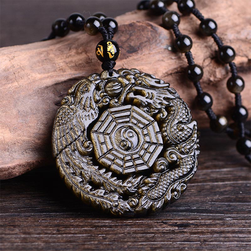 Goldener Drachen Anhänger Kette schwarze Obsidian Perlen Halskette