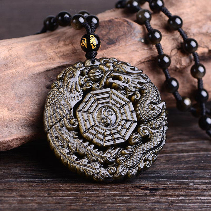 Goldener Drachen Anhänger Kette schwarze Obsidian Perlen Halskette