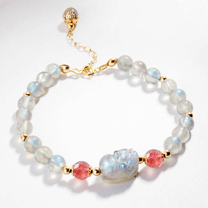 Armband mit Erdbeerquarz Mondstein Pixiu Perlen goldfarbig elegant