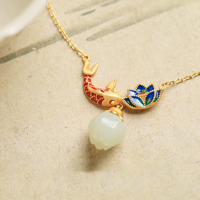 Anhänger Kette Jade Koi Lotus Kupfer Schutz