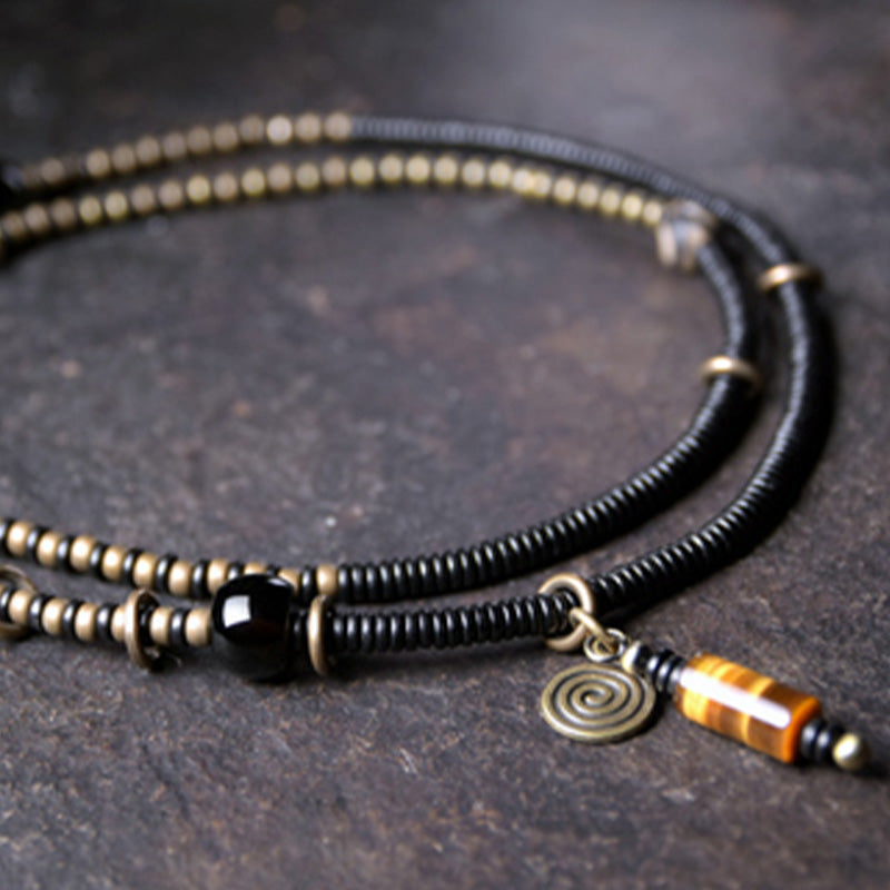 Tibetische Kette Ebenholz Kupfer Spiralanhänger Tigerauge schwarz