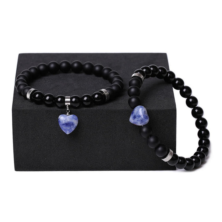 Armband Schwarzer Onyx Kristall Paar mit blauem Herzanhänger Schutz Liebe