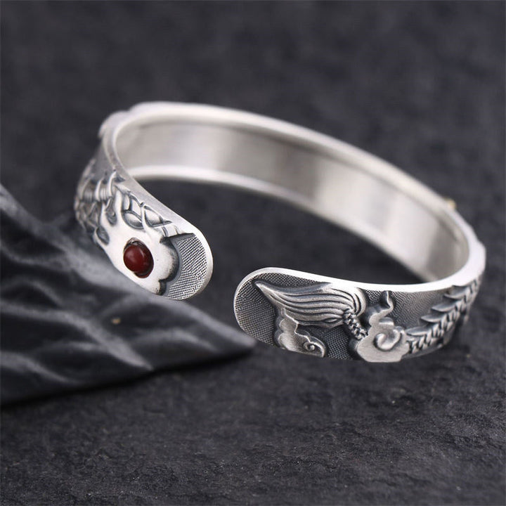 Silbernes Drachen-Armband 925er Silber mit rotem Stein Schutzarmband Stärke
