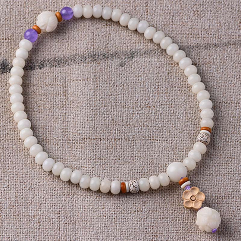 Armband Weiße Jade Bodhi Lotus mit lila Amethyst Perlen elastisch