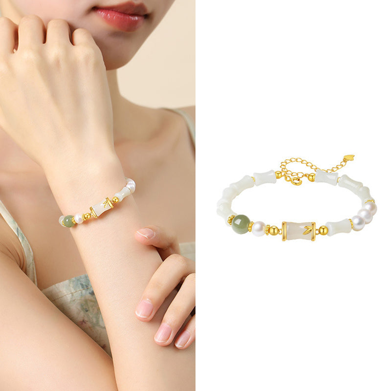 Armband 925 Silber Weiße Jade Bambus – Glück & Segen