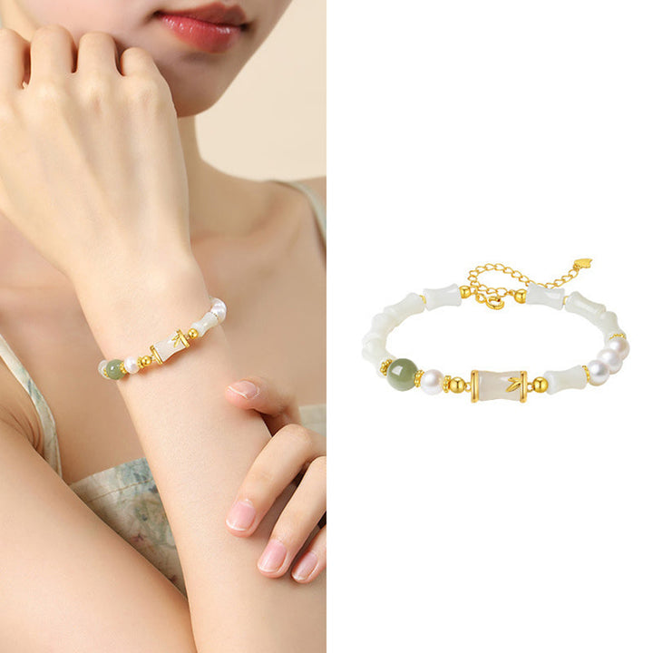 Armband 925 Silber Weiße Jade Bambus – Glück & Segen