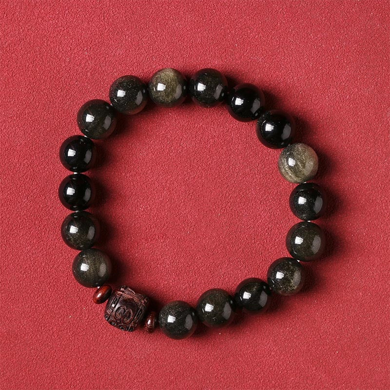 Schwarzes Obsidian Armband mit Om Mani Padme Hum Anhänger Heilung