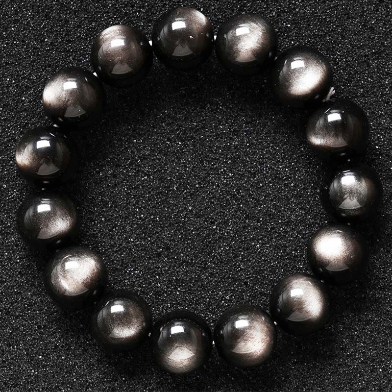 Obsidian Armband Silber schwarze Perlen Schutz elastisch Flachaufnahme Draufsicht